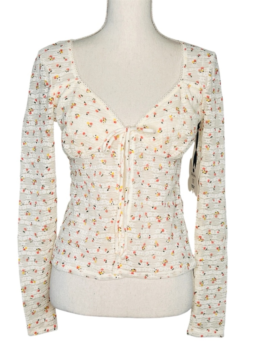 Self Esteem White Floral Gauzy Open Front Top Stretchy Long Sleeve Womens M NWT